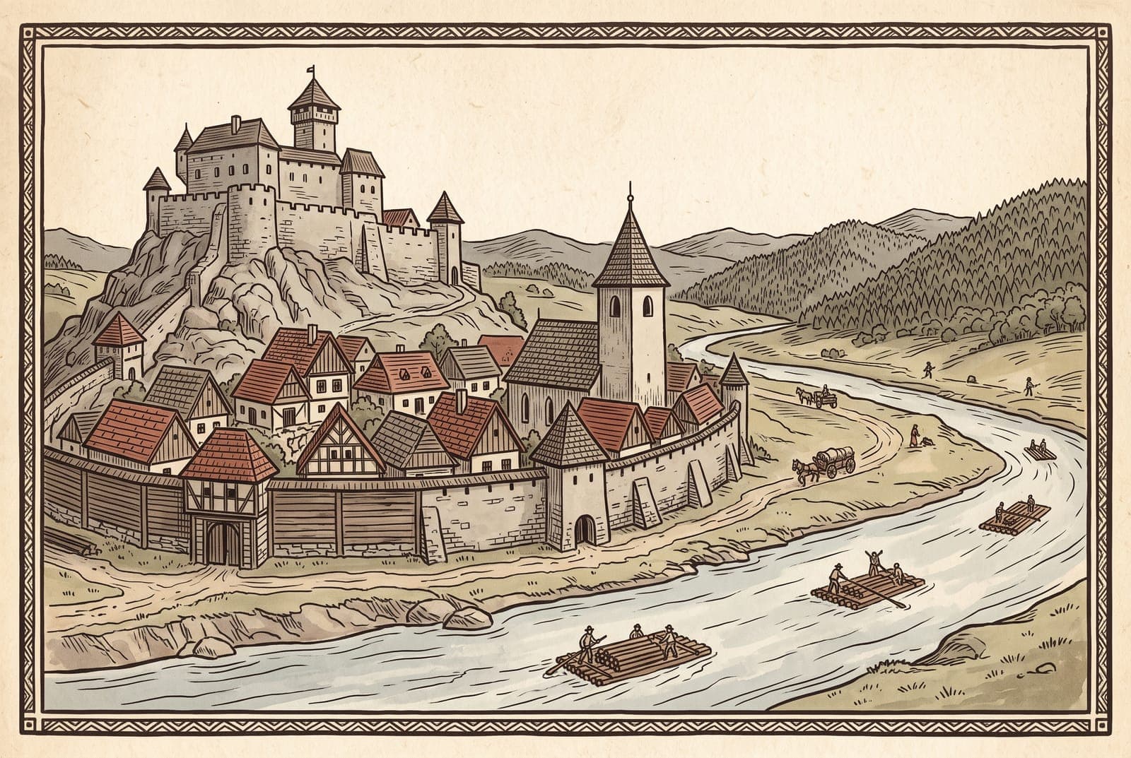 Panorama einer befestigten Stadt im Waagtal um 1700 mit Burg auf dem Felsen und Flößen auf dem Fluss, gezeichnet im Stil eines Volksholzschnitts