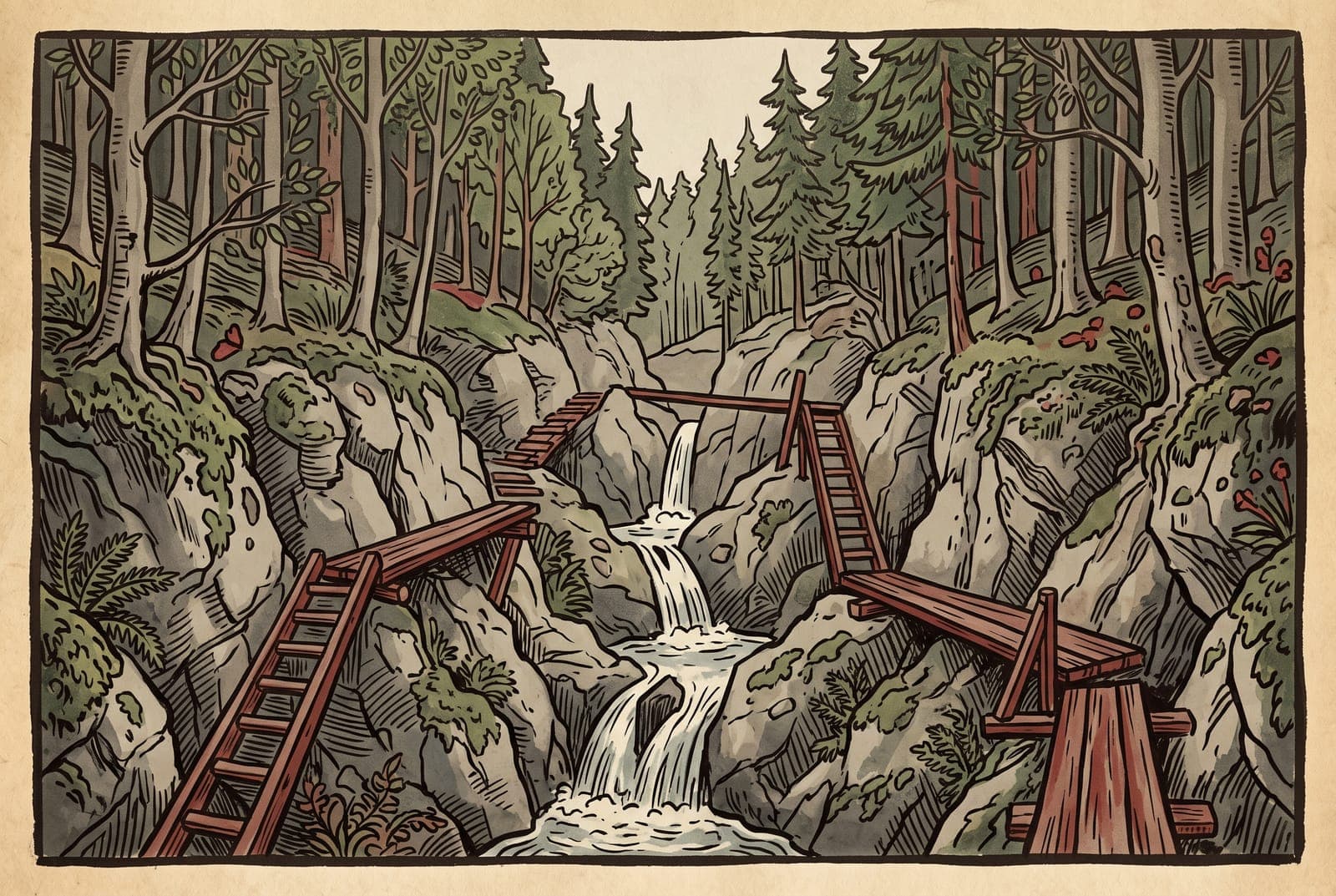 Enge Felsschlucht mit Holzleitern und Wasserfällen im Wald