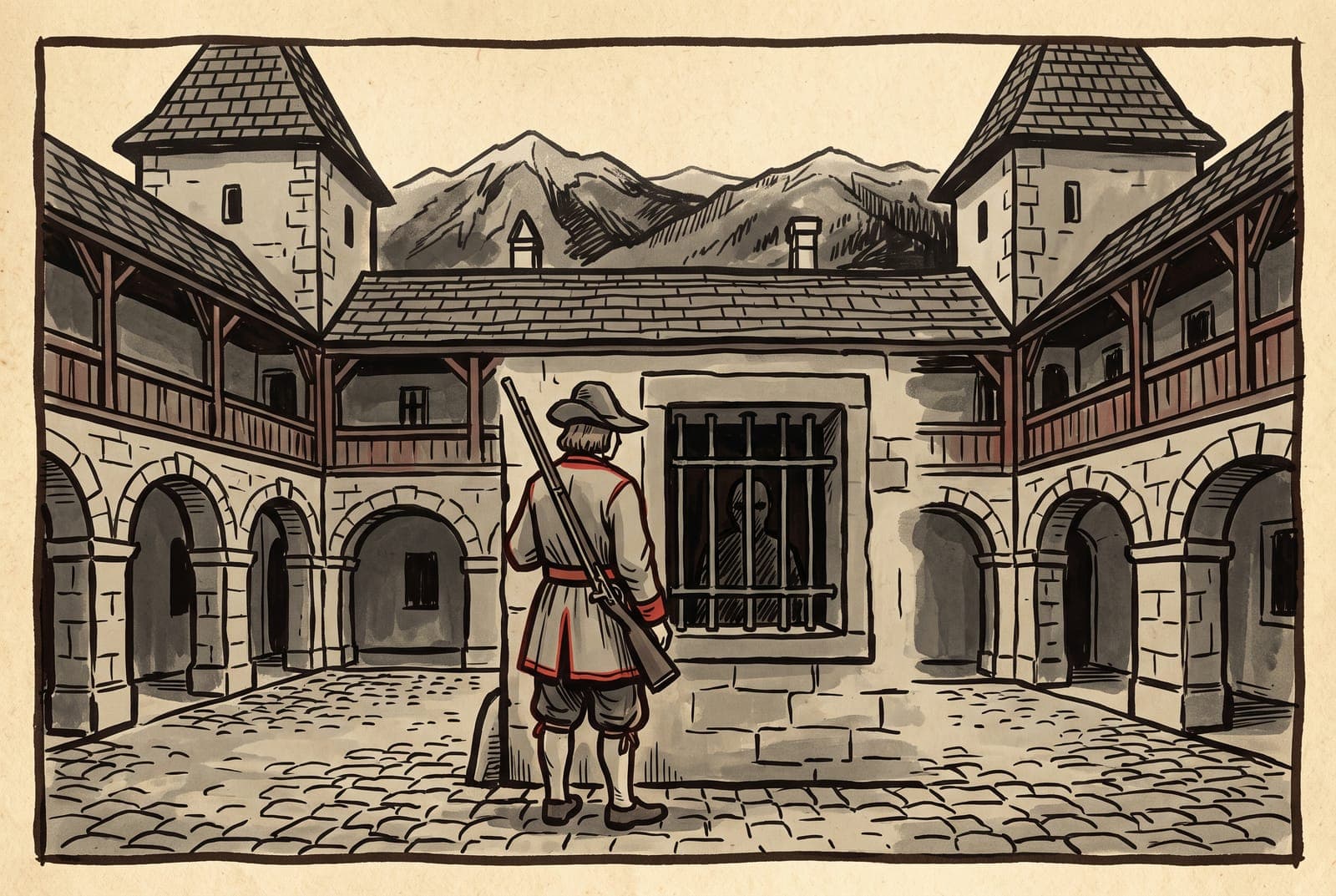 Innenhof des Schlosses Bytča, ein junger Wächter mit Muskete von hinten neben einem vergitterten Kellerfenster