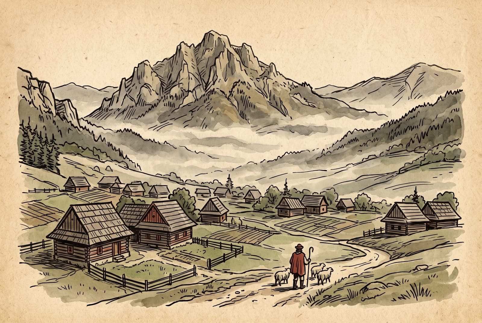 Die Gipfel des Rozsutec in der Malá Fatra über den Holzhäusern von Terchová im Morgennebel, im Stil eines Holzschnitts