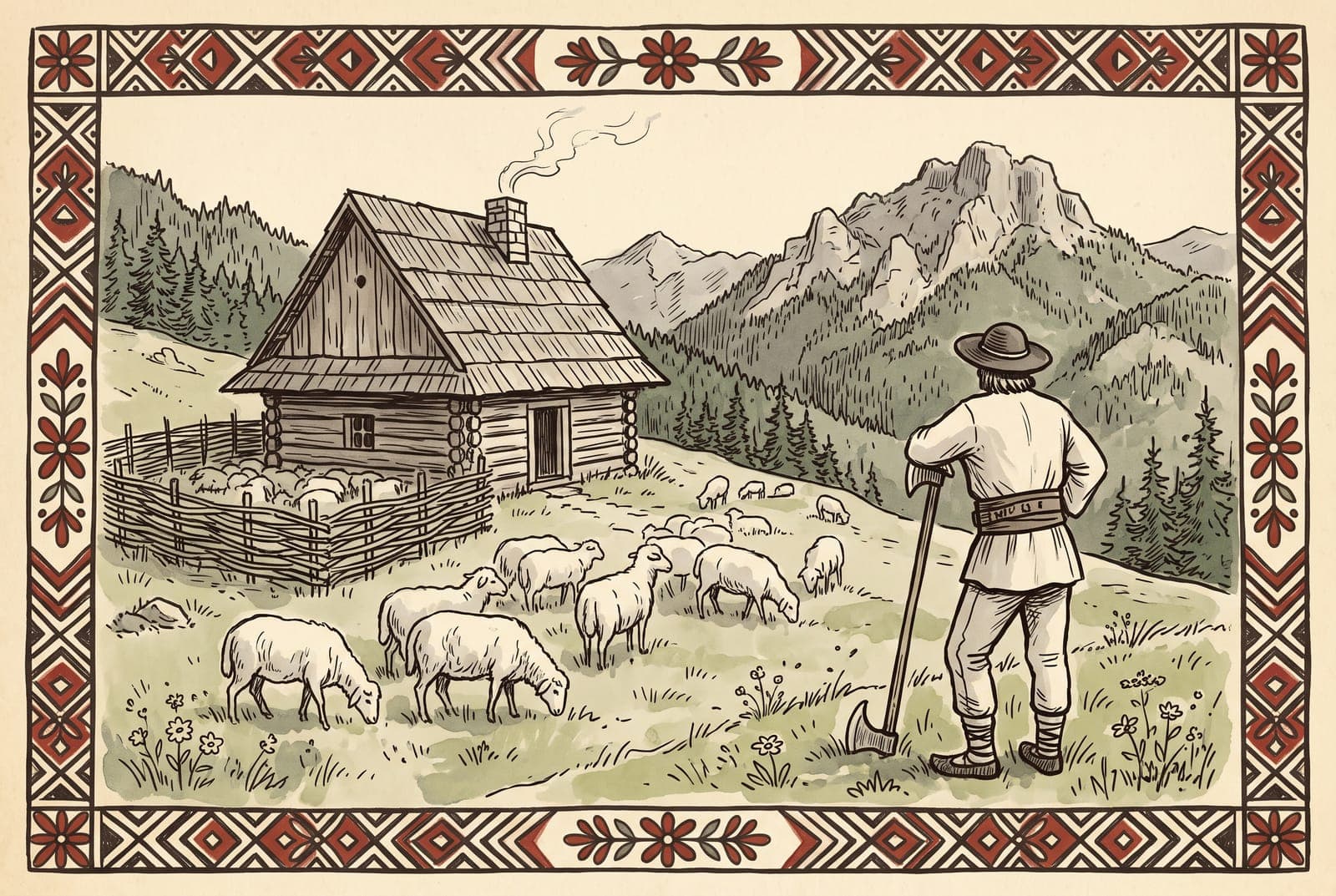 Hirtenhütte (Salaš) auf einer Bergwiese mit Schafen, ein Hirte mit Valaška von hinten